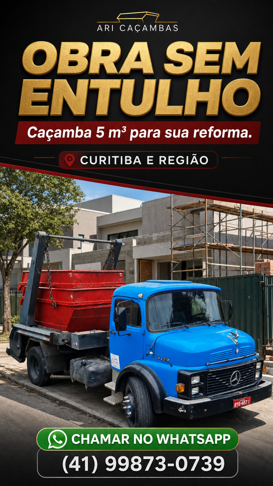 Arte sobre obra sem entulho com caçamba